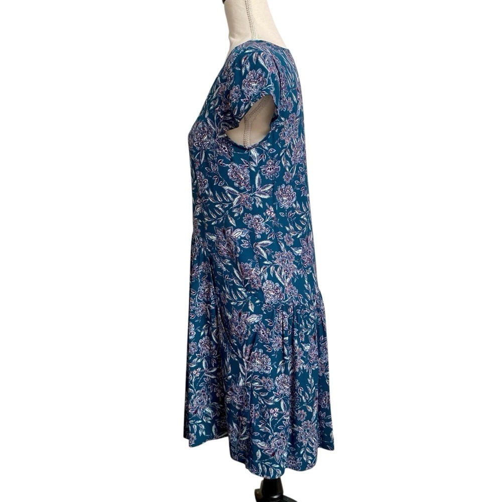 Garnet Hill Teal Floral Dress XS 0 V Neck Pleated Pockets Lined Viscose - Picture 7 of 15